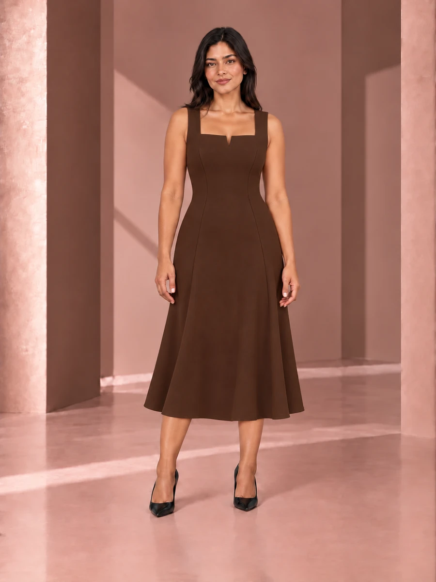 Vestido Livorno en Cacao, vista frontal sobre Alma; referencia visual XS.