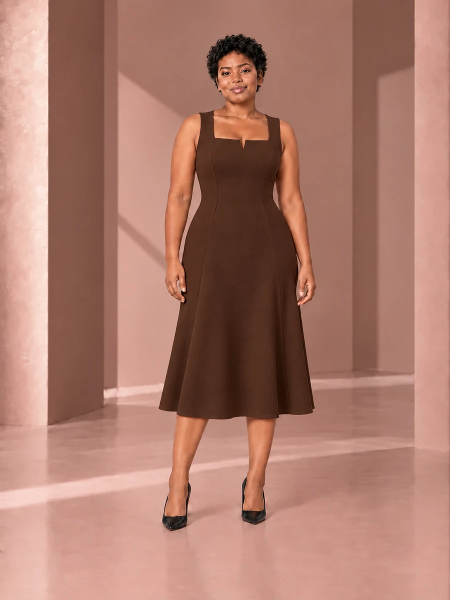 Vestido Livorno en Cacao, vista frontal sobre Mar; referencia visual M.