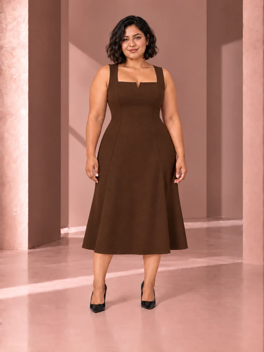 Vestido Livorno en Cacao, vista frontal sobre Vera; referencia visual XL.